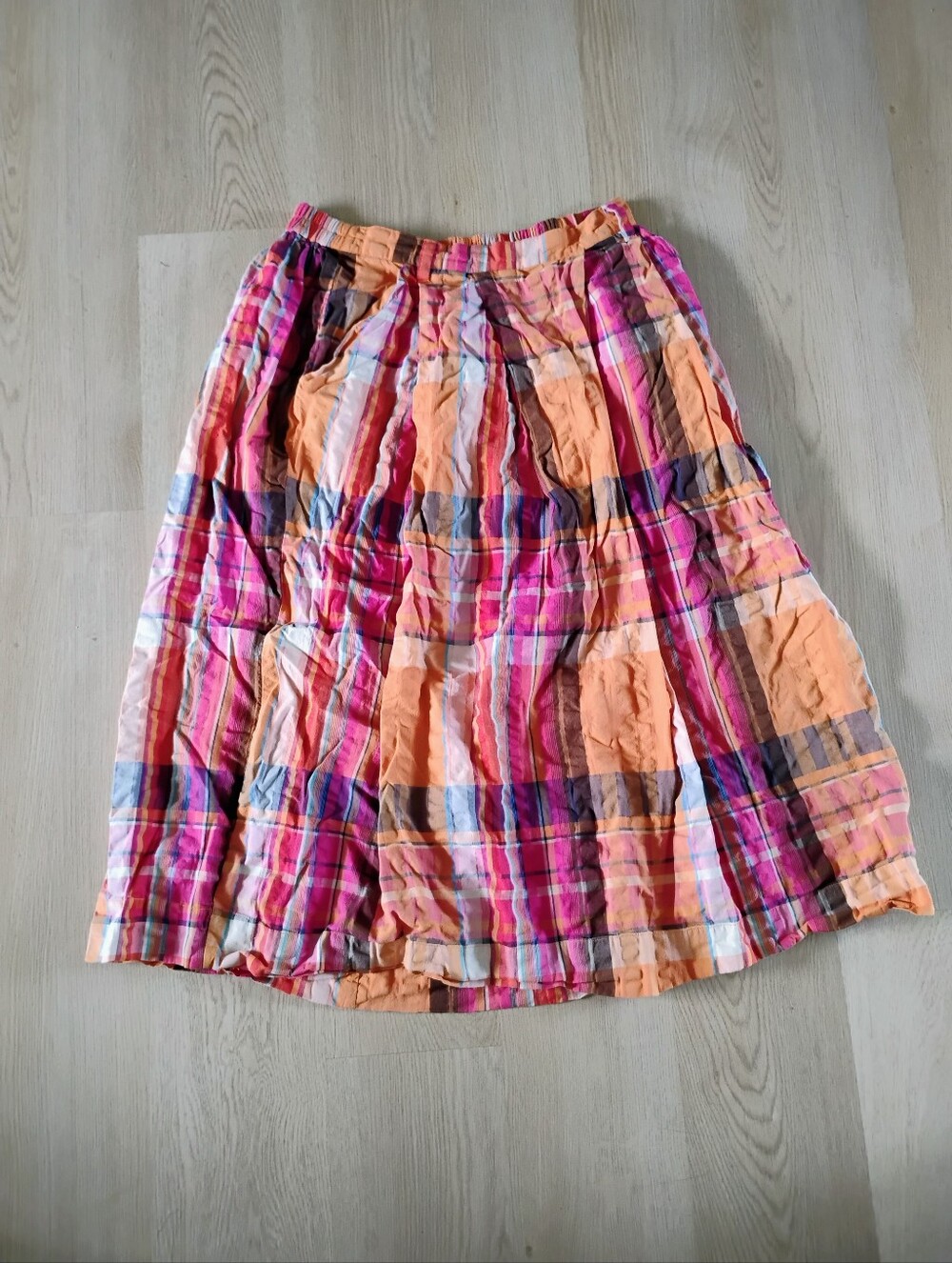 Anthropologie Maeve Pink and Orange Plaid A-Line Midi Skirt Cottagecore